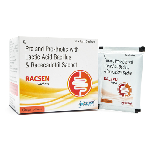 Product Name: Racsen, Compositions of Racsen are Pre and Pro-Biotic with Lactic Acid Bacillus & Racecadotril Sachet - Senen Biotech