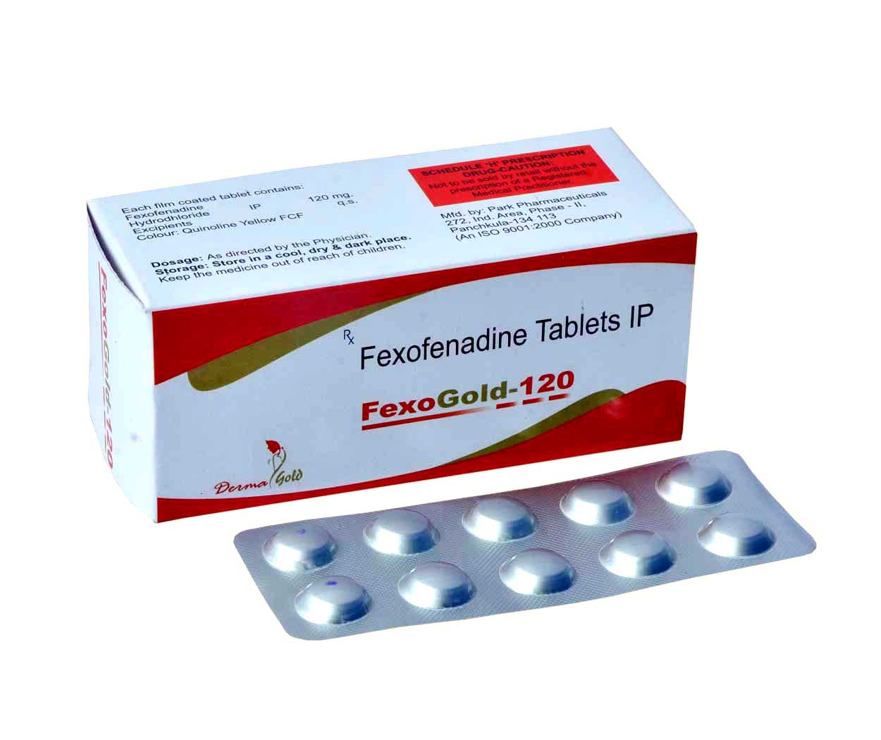 Product Name: FexoGold 120, Compositions of FexoGold 120 are Fexofenadine Tablets IP - Park Pharmaceuticals