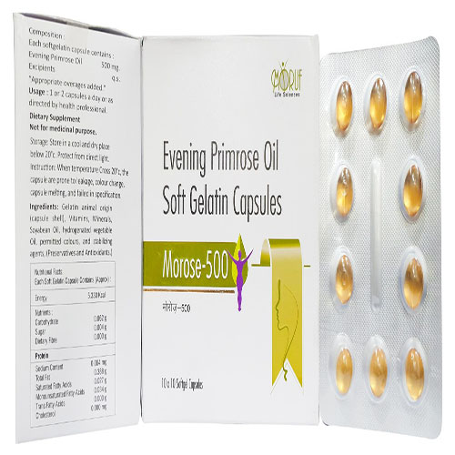 Product Name: Morose 500, Compositions of Morose 500 are Evening Primrose Oil Soft Gelatin Capsules - Arlak Biotech
