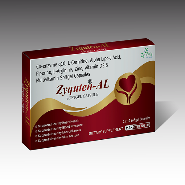 Product Name: Zyquten AL, Compositions of Zyquten AL are Co-enzyme q10, L-Carnitine, Alpha Lipoic Acid, Piperine, L-Arginine, Zinc, Vitamin D3 & Multivitamin Softgel Capsules - Zynovia Lifecare