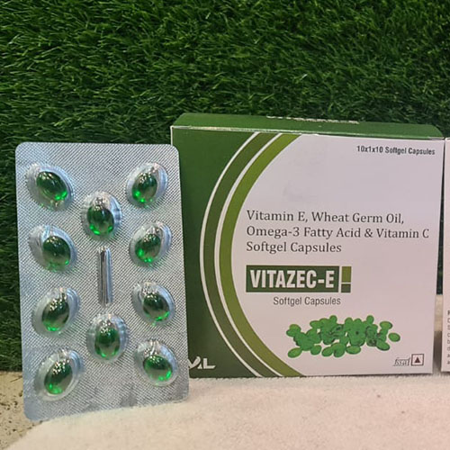 Product Name: Vitazec E, Compositions of Vitazec E are Vitamin E,Wheat Germ Oil,Omega-3,Fatty Acid & Vitamin C Softgel Capsules - Medizec Laboratories