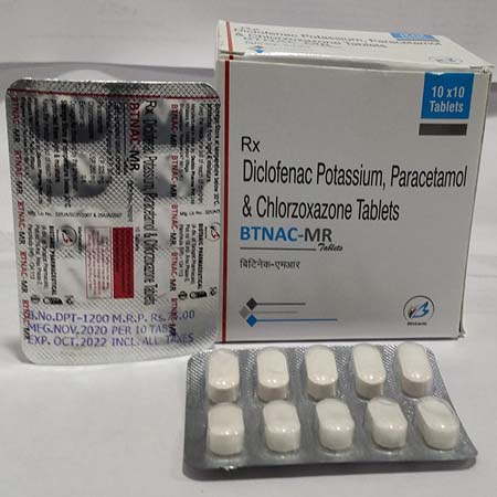 Product Name: Btnac MR, Compositions of Btnac MR are Diclofenac Potassium Paracetamol & Chlorzoxazone Tablets - Biotanic Pharmaceuticals