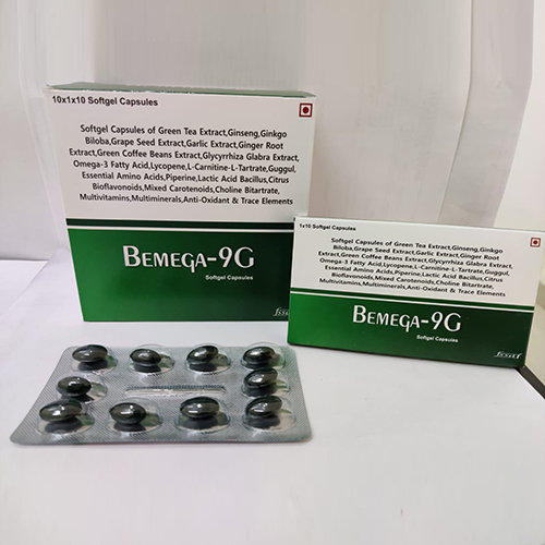 Product Name: Bemega 9G, Compositions of Bemega 9G are Softgel Capsule Of Green Tea Extract Ginkgo Biloba Ginseng Grape Seed Extract,  Garlic Extract, Ginger Root  Extract, Green Coffee Beans  Extract, Glycyrrhiza Glabra  Extract, Omega-3 Fatty Acid, Lycopene, L-Cartinine, L-Tart - Bkyula Biotech