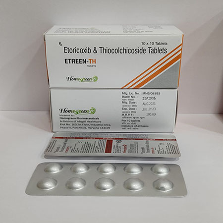 Product Name: Etreen Th, Compositions of Etreen Th are Etoricoxib & Thiocolchicoside Tablets - Abigail Healthcare
