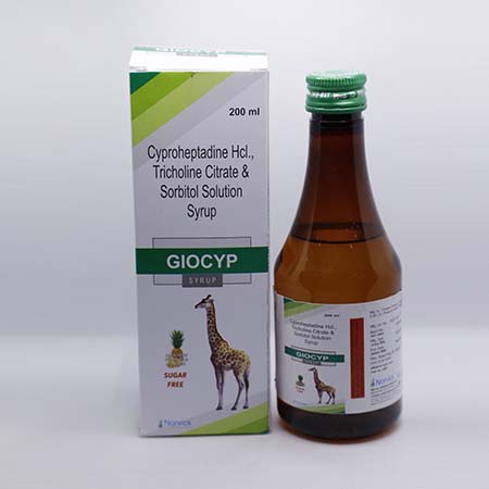 Product Name: Giocyp, Compositions of Giocyp are Cyproheptadine HCl, Tricholine Citrate & Sorbitol - Norvick Lifesciences