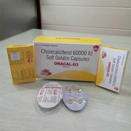 Product Name: Onacal D3, Compositions of Onacal D3 are Cholecalcoferol 60000 IU Doft Gelatin Capsules - Aviotic Healthcare Pvt. Ltd
