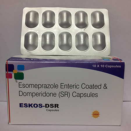 Product Name: ESKOS DSR, Compositions of ESKOS DSR are Enteric Coated Esomeprazole & Domperidone Sustained Release Capsules - Apikos Pharma