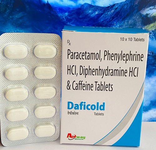 Product Name: Deficold, Compositions of Deficold are Paracetamol,Phenylephrine Hcl,Diphenhydramine Hydrochloride & Caffeine Tablets - Aidway Biotech