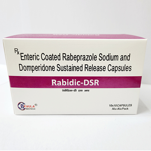 Product Name: Rabidic DSR, Compositions of Rabidic DSR are Enteric Coated Rabeprazole Sodium & Domperidone Sustained Release Capsules - Bkyula Biotech