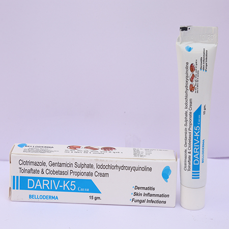 Product Name: Dariv K5, Compositions of Dariv K5 are Clobetasol 0.05%,Gentamicin Sulphate 0.10%,Tolnaftate 1.00%,Iodochlorhydroxyquinoline 1.00% Clotrimzole 1.00% - Eviza Biotech Pvt. Ltd