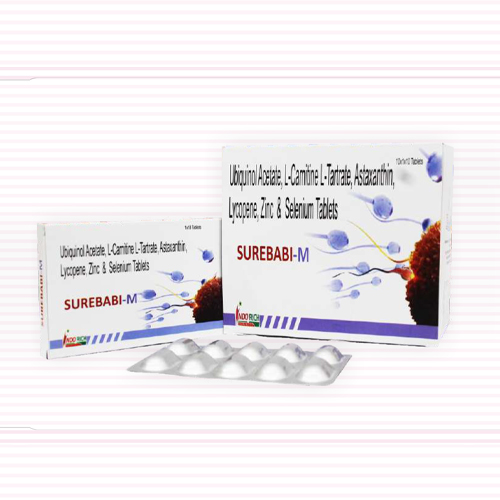 Product Name: Surebabi M, Compositions of Surebabi M are Ubiquinole L-Tartrate,Lycopene Zinc and Selenium Tablets - Pharma Drugs and Chemicals
