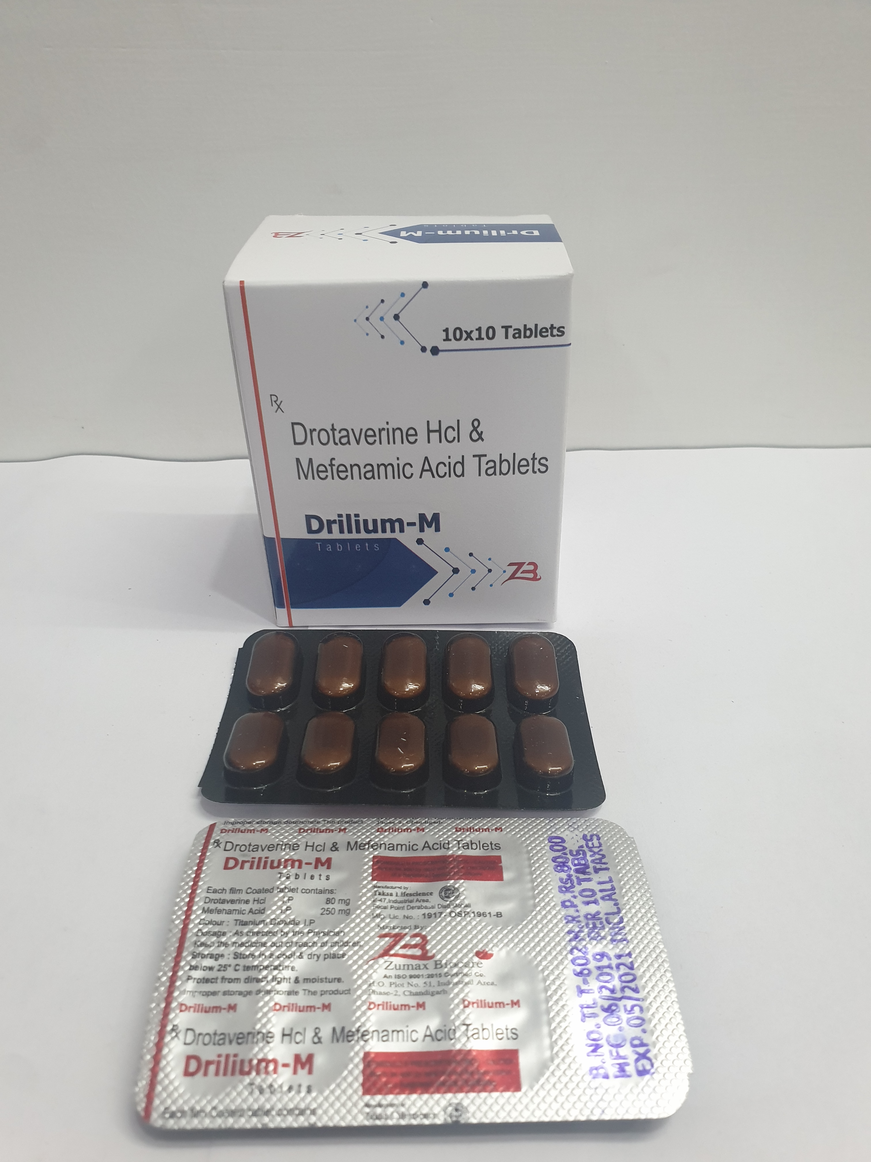 Product Name: Drilium M, Compositions of Drotaverine HCL & Mefenamic Acid Tablets are Drotaverine HCL & Mefenamic Acid Tablets - Zumax Biocare