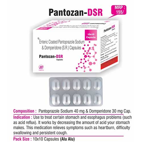 Product Name: Pantozan DSR, Compositions of Pantozan DSR are Enteric Coated Pantoprazole Sodium & Domperidone Sustain Release Capsules - Euphoria India Pharmaceuticals