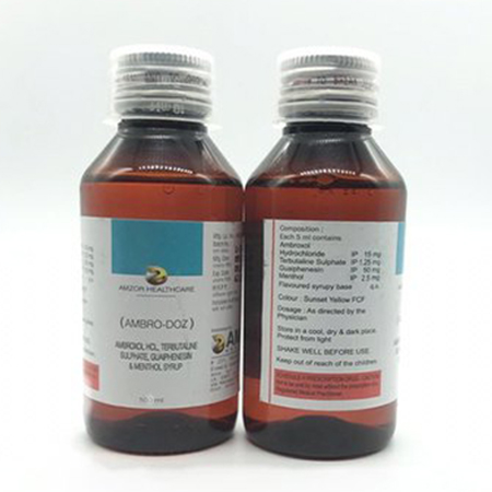 Product Name: AMBRO DOZ, Compositions of AMBRO DOZ are Ambroxol HCL 30 mg,Terbutaline Sulphate 2.25 Guaiphensin 100 mg Menthol - Amzor Healthcare Pvt. Ltd