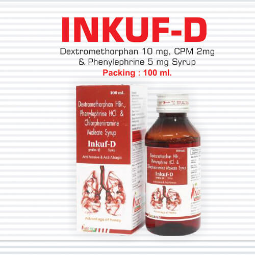 Product Name: Inkuf D, Compositions of Inkuf D are Dextromethorphan Hydrobromide,Phenylephrin Hydrochloride and Chlorpheniramine Maleate Syrup - Pharma Drugs and Chemicals