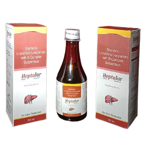 Product Name: Heptalar, Compositions of Heptalar are Silymarin, L-arnithine, L-asparate with B-complex Suspension - Kevlar Healthcare Pvt Ltd