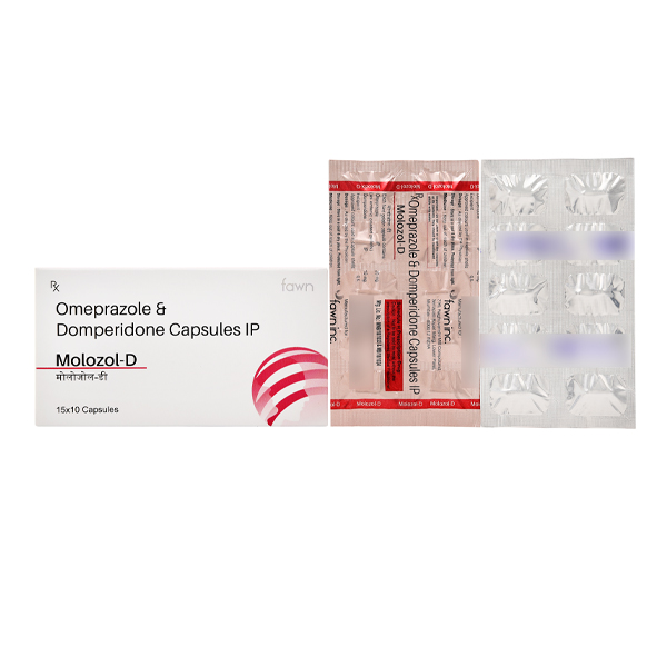 Product Name: MOLOZOL D, Compositions of Omeprazole 20 mg + Domperidone 10 mg. are Omeprazole 20 mg + Domperidone 10 mg. - Fawn Incorporation