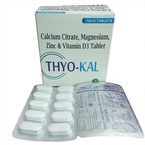 Product Name: THYO KAL Tablets, Compositions of THYO KAL Tablets are Calcium citrate USP 1000MG  Megnesuim 100mg  Zinc Sulphate 4mg  Vitamin d3 200 I.U - JV Healthcare
