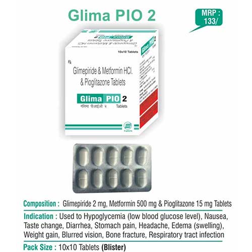 Product Name: Glima PIO 2, Compositions of Glima PIO 2 are Glimepride & Metformin HCL & Pioglitazone Tablets - Euphoria India Pharmaceuticals