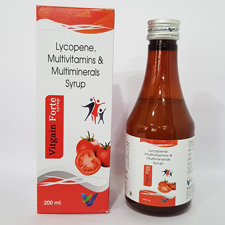 Product Name: Vitgain forte, Compositions of Vitgain forte are Lycopene Multivitamins & Multiminerals Syrup - Vindcare Lifesciences