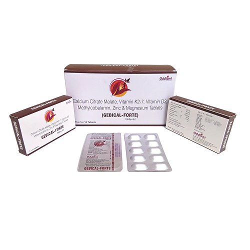Product Name: Gebical Forte, Compositions of Gebical Forte are Calcium Citrate Malate, Vitamin K2-7, Vitamin D3 Methylcobalamin, Zinc & Magnesium Tablets - Oddiant Formulations