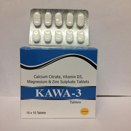 Product Name: KAWA 3, Compositions of KAWA 3 are Cakcium Citrate, Vitamin D3 Magnesium & Zinc Sulphate Tablets - Apikos Pharma