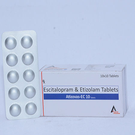 Product Name: ATIZOVAS EC 10, Compositions of ATIZOVAS EC 10 are Escitalopram & Etizolam Tablets - Alencure Biotech Pvt Ltd