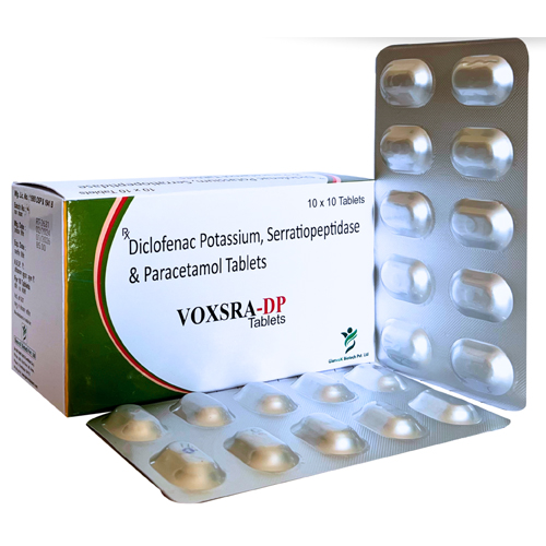 Product Name: VOXSRA DP, Compositions of VOXSRA DP are Diclofenac Potassium, Serratiopeptidase & Paracetamol Tablets - Glenvox Biotech Private Limited