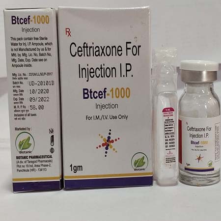 Product Name: Btcin 1000, Compositions of Btcin 1000 are Ceftriaxone For Injection Ip - Biotanic Pharmaceuticals