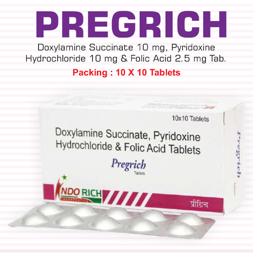 Product Name: Pregrich, Compositions of Pregrich are Doxylamine Succinate,Pyridoxine HCL & Folic Acid Tablets - Pharma Drugs and Chemicals