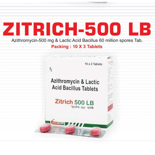 Product Name: Zitrich 500 LB, Compositions of Zitrich 500 LB are Azithromycin and Lactic Acid Bacillus Tablets - Pharma Drugs and Chemicals