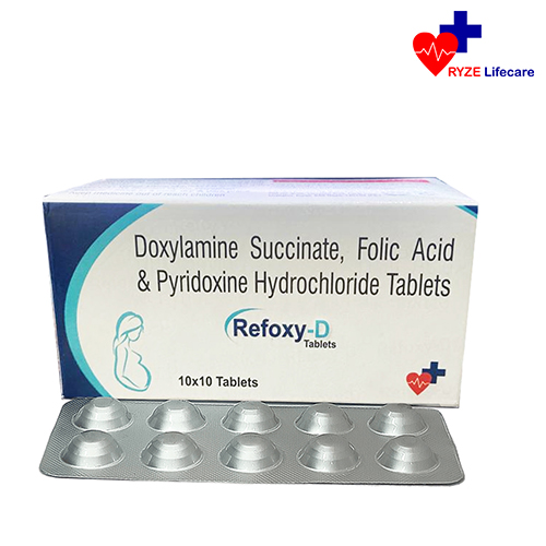 Product Name: Refoxy D, Compositions of Refoxy D are Doxylamine Succinate , Folic Acid & Pyridoxine Hydrochloride Tablets  - Ryze Lifecare