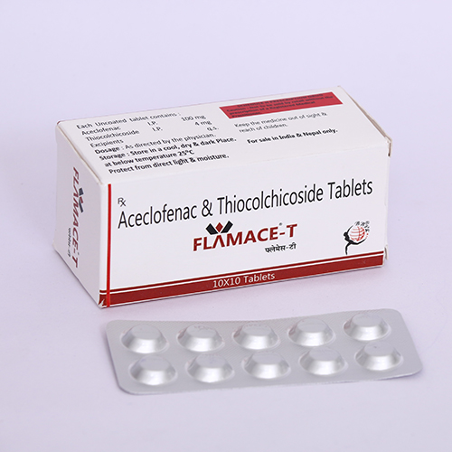 Product Name: FLAMACE T, Compositions of FLAMACE T are Aceclofenac & Thiocolchicoside Tablets - Biomax Biotechnics Pvt. Ltd