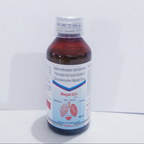 Product Name: Megat DX, Compositions of Megat DX are Dextromethorphan Hydrobromide Phenylphrine Hydrochloride & Chlorpheniramine  Maleate Syrup - Soinsvie Pharmacia Pvt. Ltd