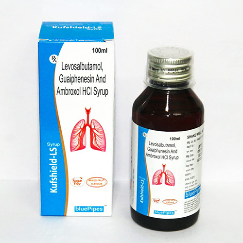 Product Name: KUFSHIELD LS, Compositions of KUFSHIELD LS are Levosalbutamol Guaiphenesin And Ambroxol HCL Syrup - Bluepipes Healthcare