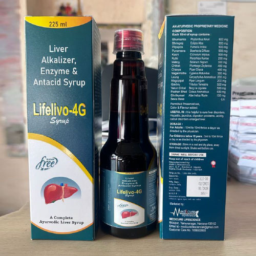 Product Name: Lifelivo 4G, Compositions of Lifelivo 4G are Liver Alkalizer Enzyme & Antacid Syrup - Medicure LifeSciences