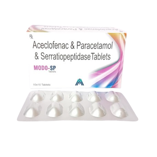 Product Name: MODO SP, Compositions of MODO SP are Aceclofenac & Paracetamol & Serratiopeptidase Tablets - Medlo Biotech