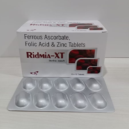 Product Name: Ridima XT, Compositions of Ridima XT are Ferrous Ascrobate Folic Acid & Zinc Tablets - Soinsvie Pharmacia Pvt. Ltd