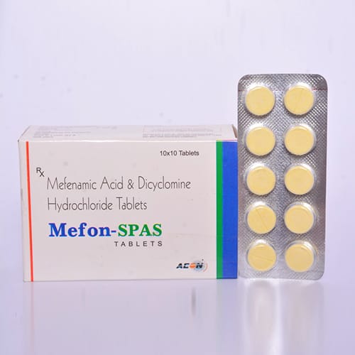 Product Name: MEFON SPAS, Compositions of MEFON SPAS are MEFENEMIC ACID 250mg, DICYCLOMINE 10mg - Aeon Remedies