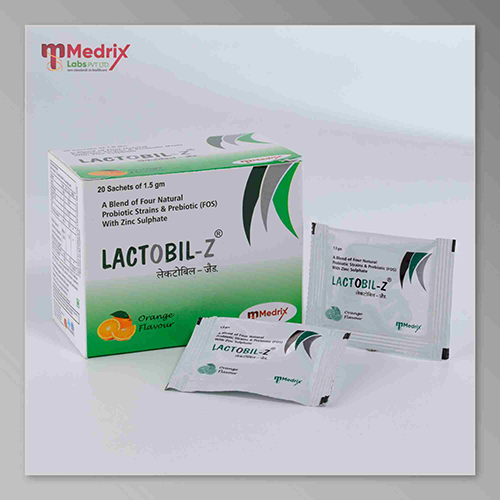 Product Name: LACTOBIL Z, Compositions of LACTOBIL Z are A Blrnd of four Natural Probiotic Strains & Pre Biotic (FOS) - Medrix Labs Pvt Ltd