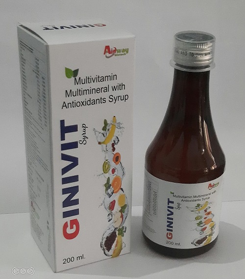 Product Name: Ginvit, Compositions of Ginvit are Multivitamin,Multimineral & Anti-oxidant syrup - Aidway Biotech