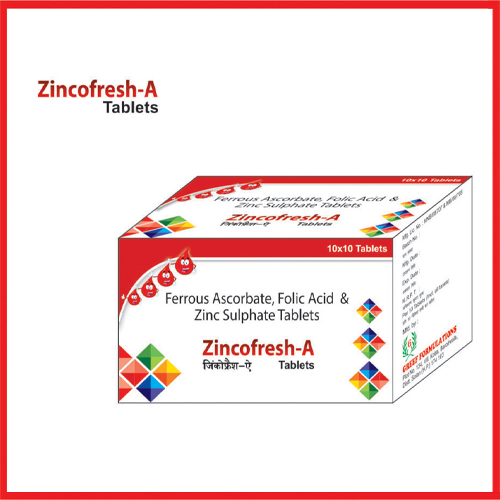 Product Name: Zincofresh A, Compositions of Zincofresh A are Ferrous Ascorbate,Folic Acid & Zinc Sulphate Tablets - Greef Formulations
