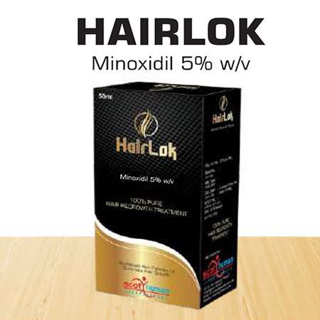 Product Name: Hairlok, Compositions of Hairlok are Minoxidil 5% w/v  - Scothuman Lifesciences