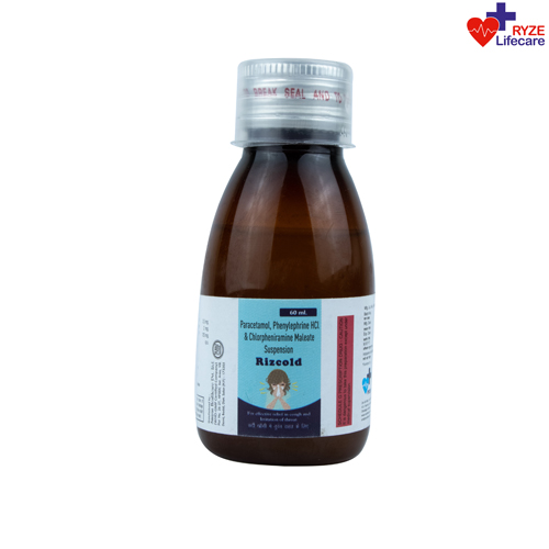 Product Name: Rizcold Syrup, Compositions of Rizcold Syrup are Paracetamol, Phenylephrine HCl, Chloropheniramine Maleate Suspension - Ryze Lifecare