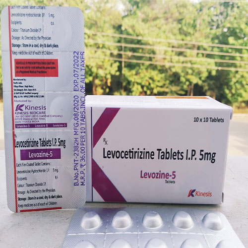 Product Name: Levozine 5, Compositions of Levozine 5 are Levocetrizine 5 mg - Kinesis Biocare