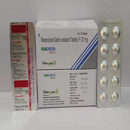 Product Name: Rabgreen, Compositions of Rabgreen are Rabeprazole Gastro-Resistant Tablets I.P. 20 mg - Abigail Healthcare