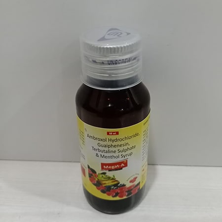 Product Name: Megat A, Compositions of Megat A are Ambroxol  HCL Terbutaline Sulphate Guaiphenesin & Menthol Syrup - Soinsvie Pharmacia Pvt. Ltd