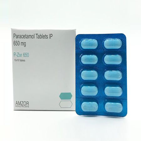 Product Name: P zor 650, Compositions of P zor 650 are Paracetamol Tablets IP 650 mg - Amzor Healthcare Pvt. Ltd