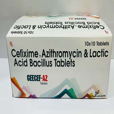 Product Name: GEECEF AZ, Compositions of GEECEF AZ are Cefixime, Azithromycin & Lactic Acid Bacillus Tablets - NG Healthcare Pvt Ltd