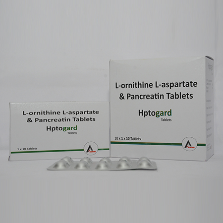 Product Name: HPTOGARD, Compositions of HPTOGARD are L-ornithine L-asparate & Pancreatin Tablets - Alencure Biotech Pvt Ltd